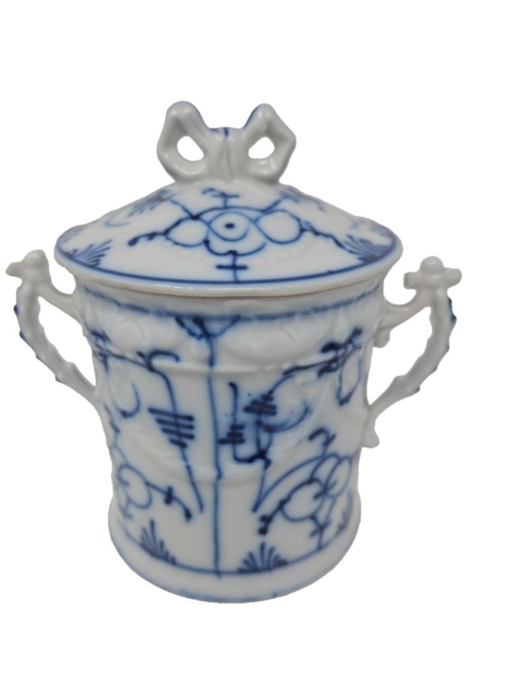 Antique Meissen Style Blue Onion Strawflower Porcelain Condensed Milk Jar w/ Lid